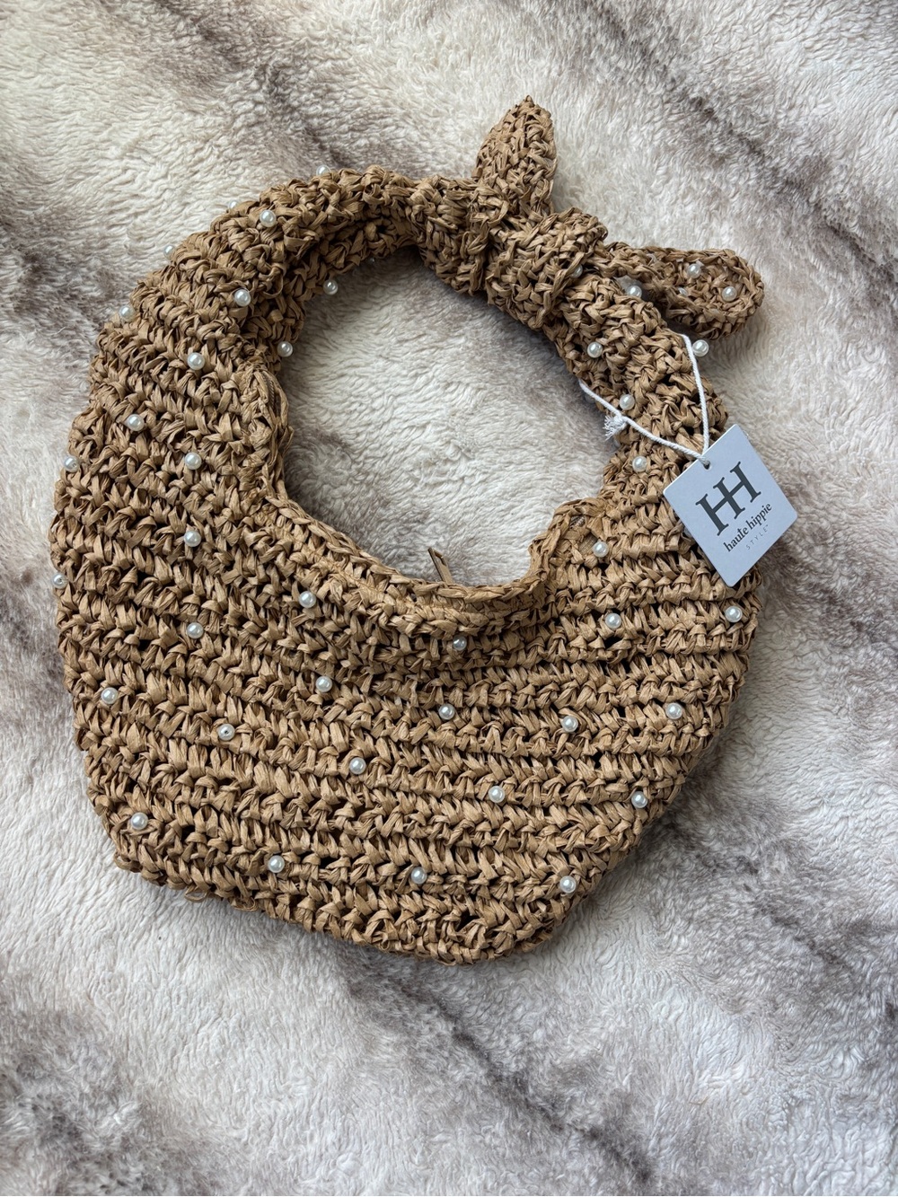 Haute Hippie Tan Crochet Pearl-Embellished Shoulder Bag